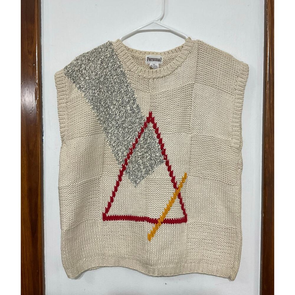 VTG 80s Geometric Thick Knit Sweater Vest Sz XL Unisex Sleeveless Teacher Vibes - Picture 3 of 5